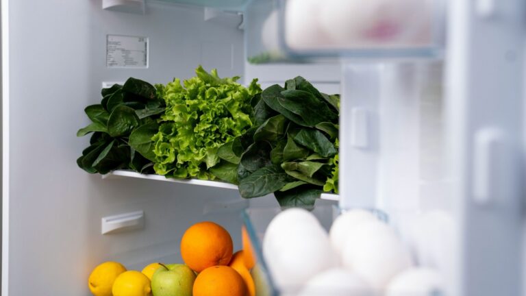 An open refrigerator reveals several nutritious flexitarian foods, including eggs in the foreground, fresh leafy greens on the upper shelf, and bright citrus fruits on the lower shelf.