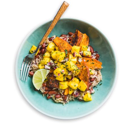 Caribbean Sweet_Potatoes with Coconut Rice and Mango Salsa